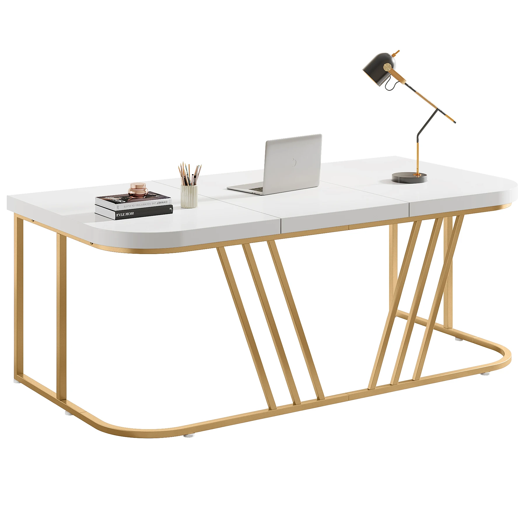 

as-White Gold CEO Luxury Modern Wood & Metal Executive Desk for Office/Study with Wide Large Desktop@