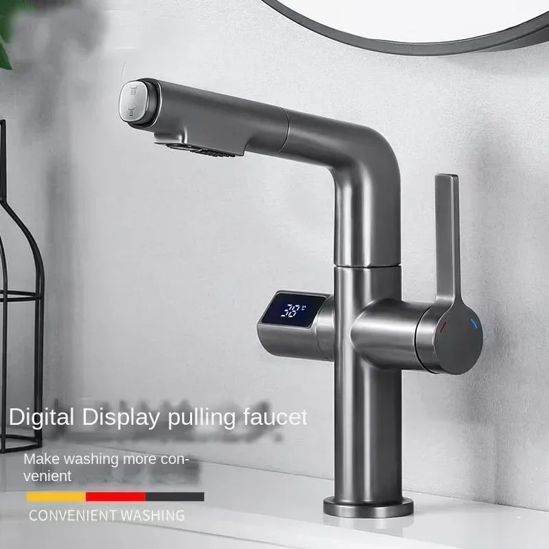 

Brass Basin Faucet with Digital Display Screen, High-end Hot and Cold Water Bathroom Faucet with Lifting Function