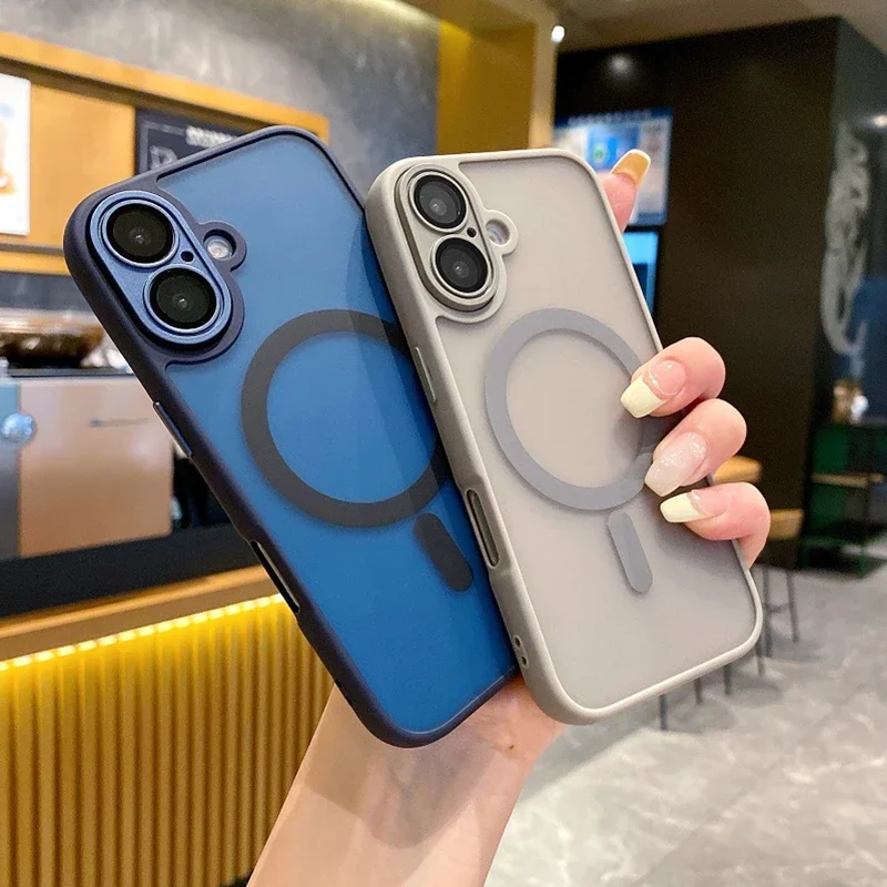 iPhone 16E 용 반투명 전화 케이스 16 15 14 13 11 12 16 Pro Max Plus Magsafe 무선 충전 매트 커버 용 자기 케이스