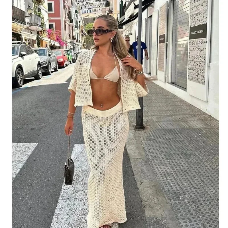 Elegant Knitted Long Skirt Women Sets Sexy Hollow Out Lapel Short Sleeve Cardigan Crop Top Maxi Skirt Summer Crochet Female Suit