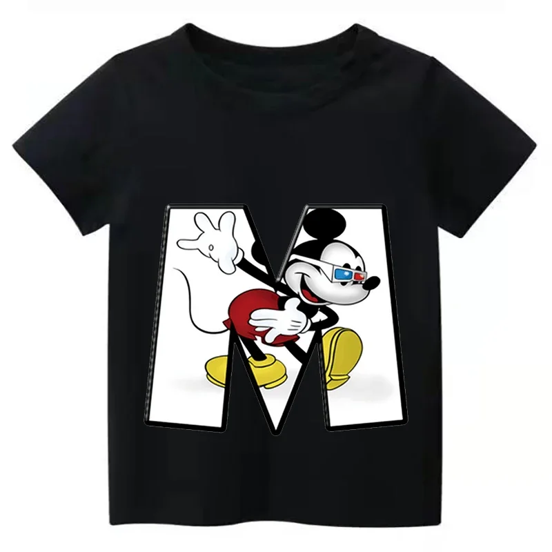 2024 New Summer Letter Combination Children High Quality T-shirt Disney Mickey Mouse Font A B C D E F Short Sleeve Kids Tshirt