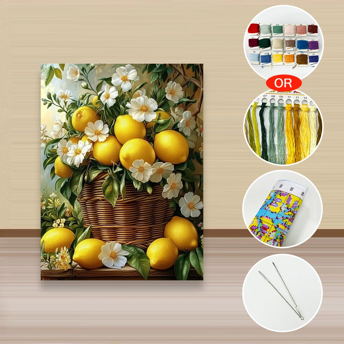 1 Stück 30x40cm/11,8x15,7 Zoll, 11Ct/14Ct Kreuzstich-Set, DIY Valentinstagsgeschenk, Stickerei-Set für Festlichkeiten, Zitronenblumenkorb – Detail 2
