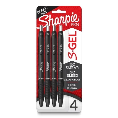 

S-Gel 4pk Gel Pens 0.5mm Fine Tip Black: Retractable, Contoured Rubber Grip, Pocket Clip, Stationery & Office