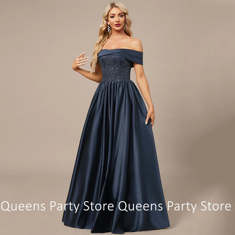 

Navy Mother of The Bride Dress Satin Wedding Party Dresses Customized Boat Neck Off Shoulder A Line Guest Evening Dresses