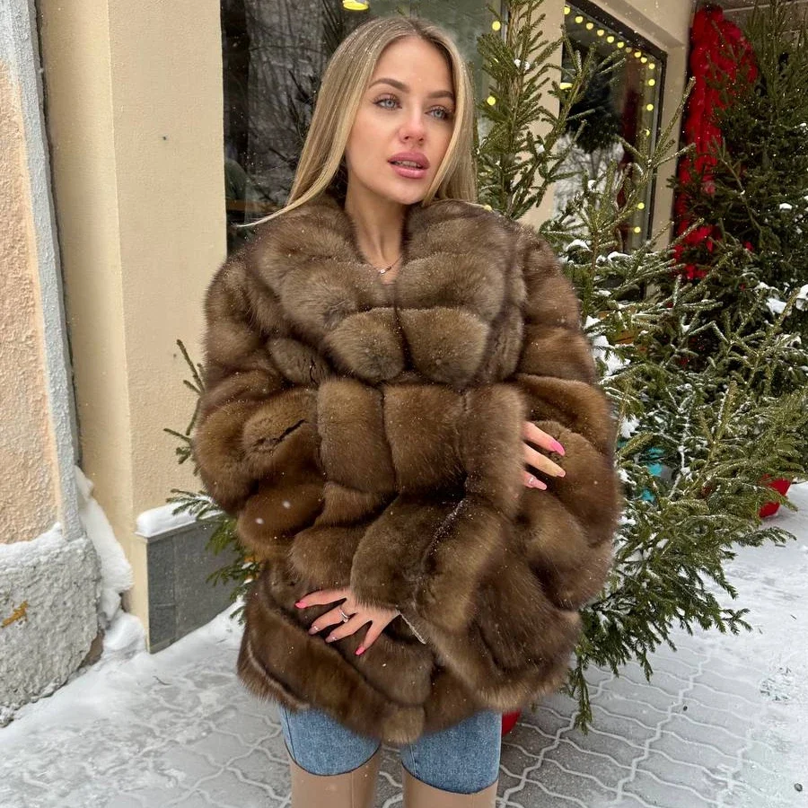 

Women's Jacket Natural Fox Fur Coat Lapel Long Fox Fur Jackets Female Luxury Fashion Real Fur Coat