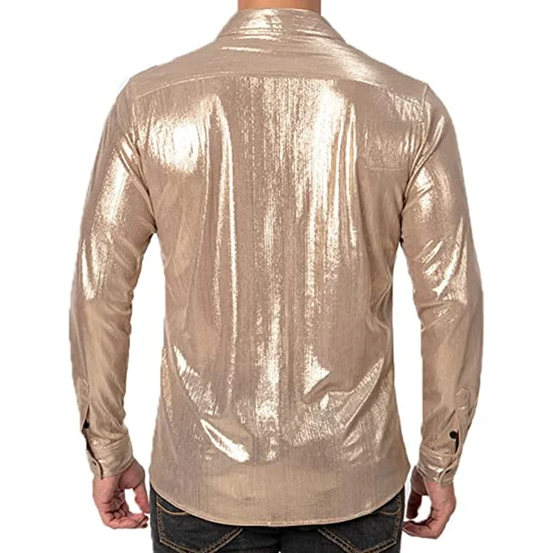 Mens Shiny Long Sleeve Dress Shirts For Party Wedding 70\'s Disco Metallic Cosplay Christmas Halloween Clothing Banquet Chemise