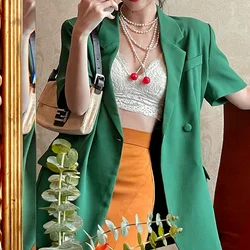 Retro Spring and Summer  New Short-sleeved Green Suit Jacket Women's Thin Temperament Fashion Casual Small Suit Jacket