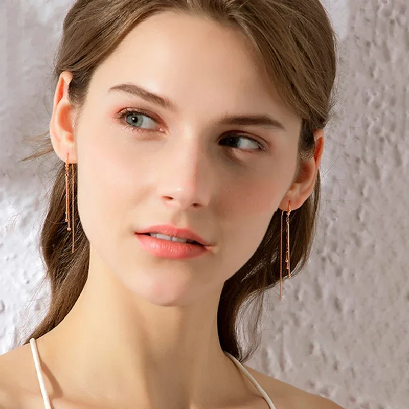 Light Luxury Fashion Soft Chain Tassel Earrings for Women Copper Plated Rose Gold Geometric Round Bead Long Earings Jewelry