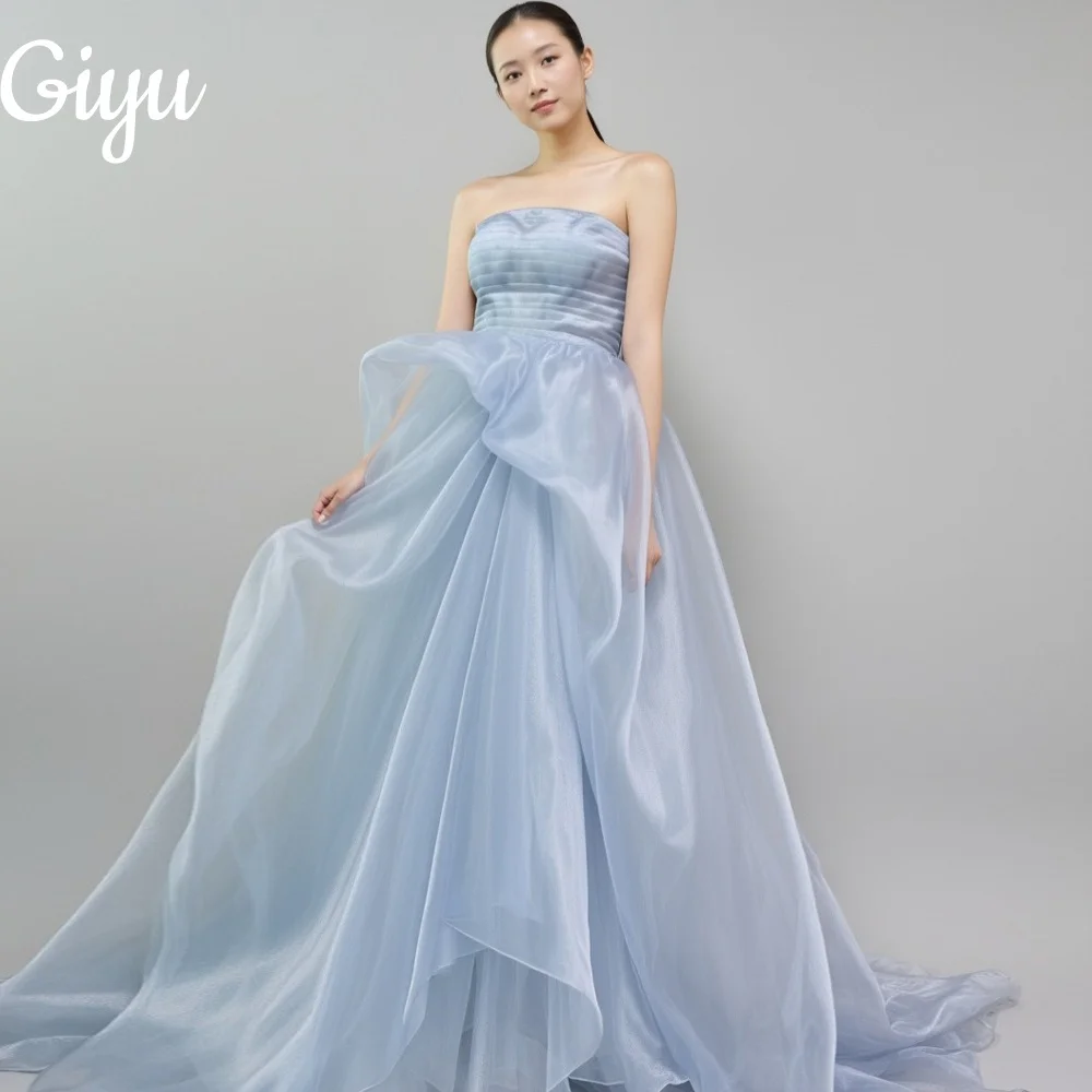 

Giyu Elegant Blue A-Line Ice gauze Evening Dress Pleat Customized Korea Photoshoot Plus Size Shawl Floor-Length 2025 Prom Gown