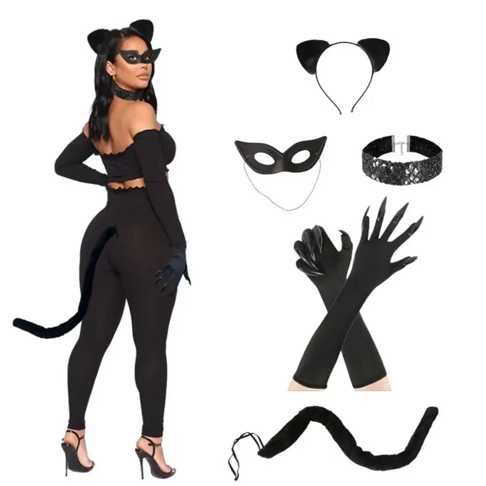 Divertente Halloween Cat Ears Mask and Tail Set fascia Sexy, guanti, collana Wild Cat Cosplay Outfit regali per le donne