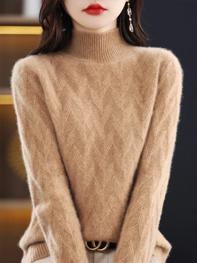 Autumn Winter Women Basics Cashmere Sweater Mock Neck Pullover 100% Merino Wool Thick Knitwear Female Soft Casual Fashion Top