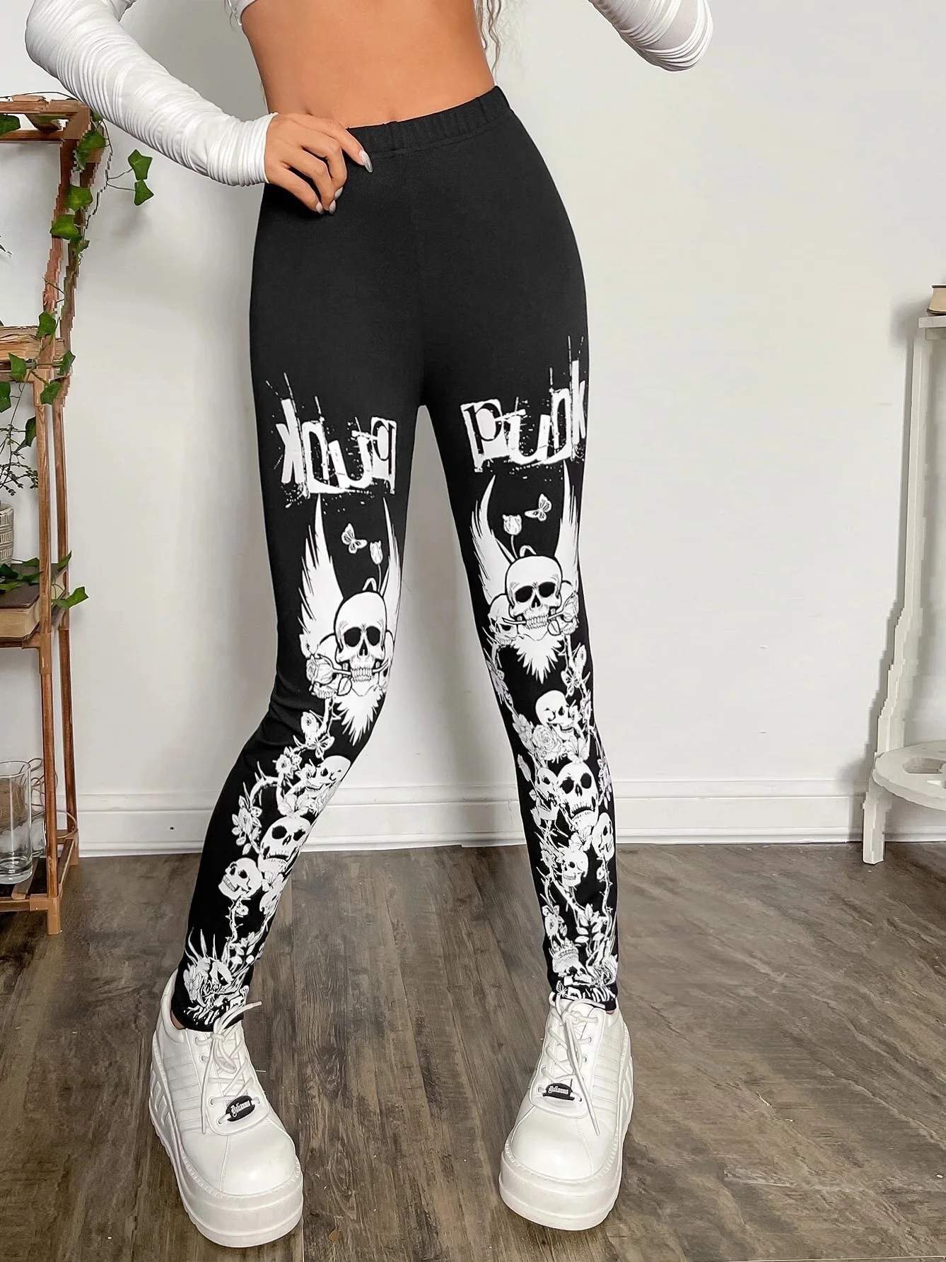 Spodnie do jogi z nadrukiem szkieletu na Halloween, damskie, uniwersalne, gotyckie, obcisłe spodnie bazowe, spodnie z wysokim stanem, długie spodnie.