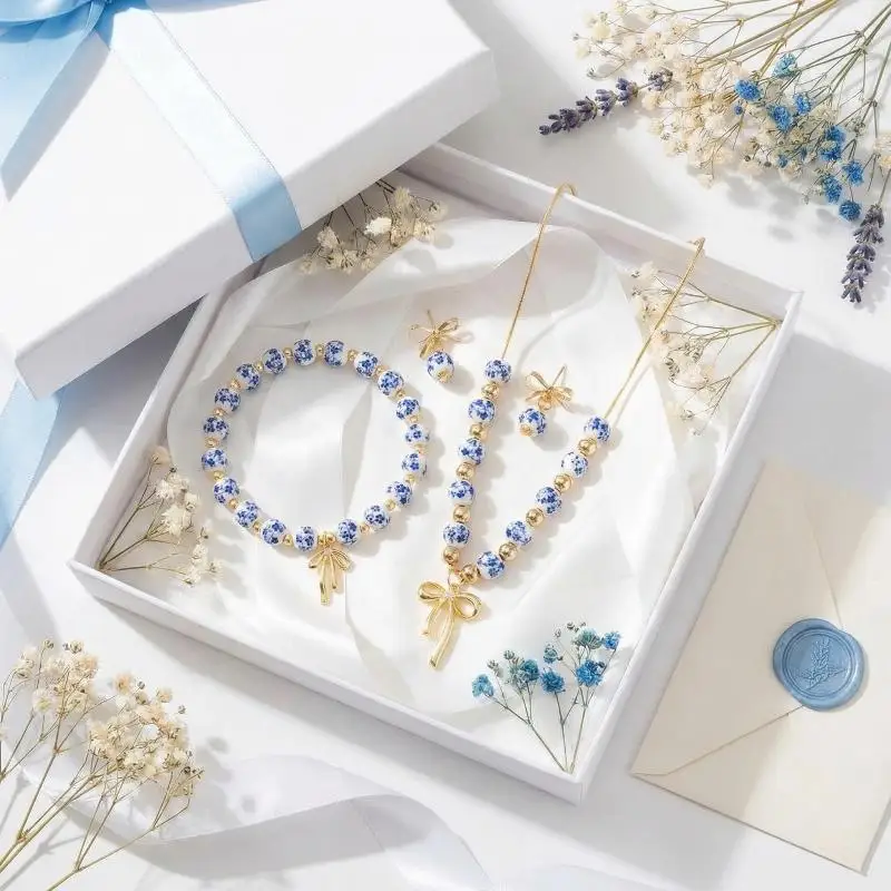Elastic Blue And White Porcelain Bracelet Metal Beads Vintage Beads Bracelets Ceramics Antiquities New Chinese Style Bracelet