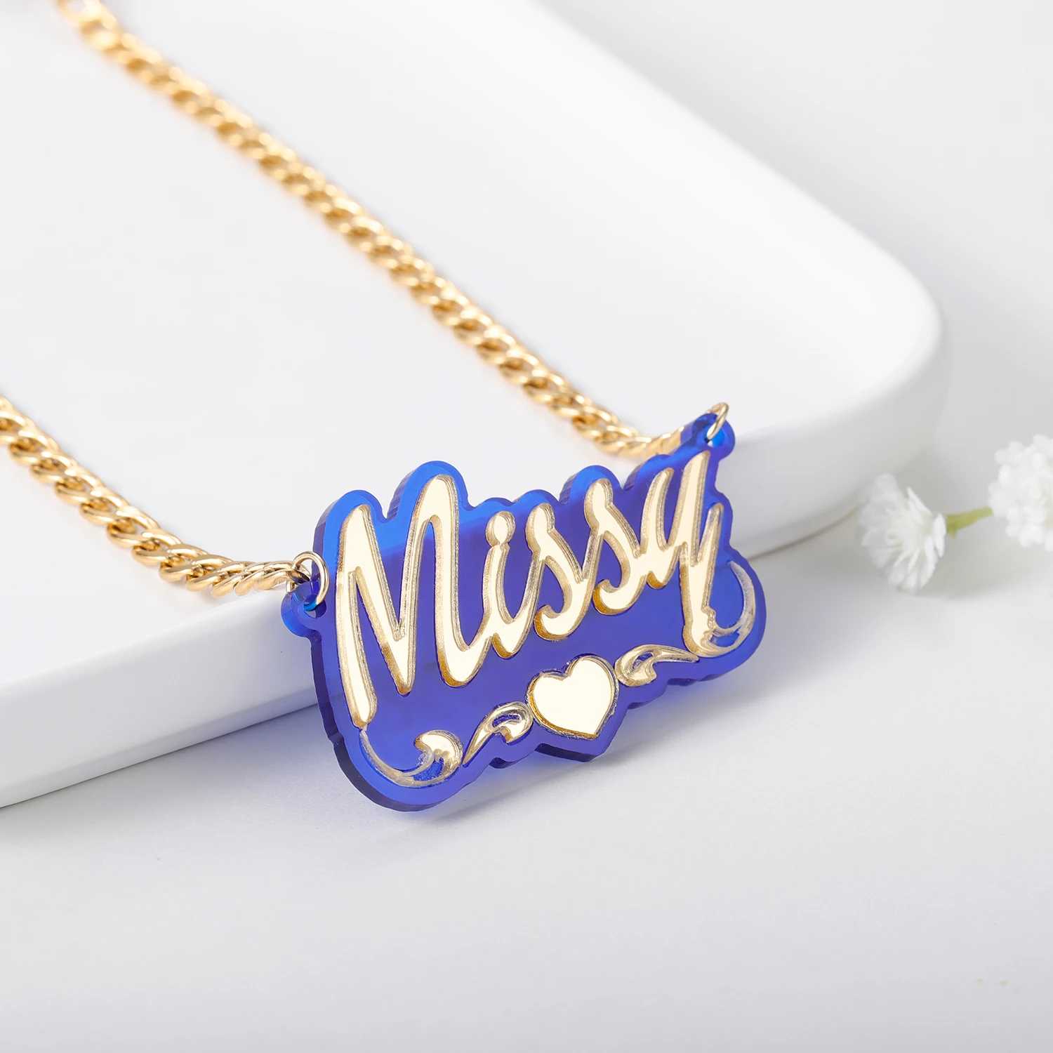 Custom Double Layer Heart Name Necklace Blue Tone Personalized Nameplate Pendant Unique Women's Jewelry Birthday Gift for Kids