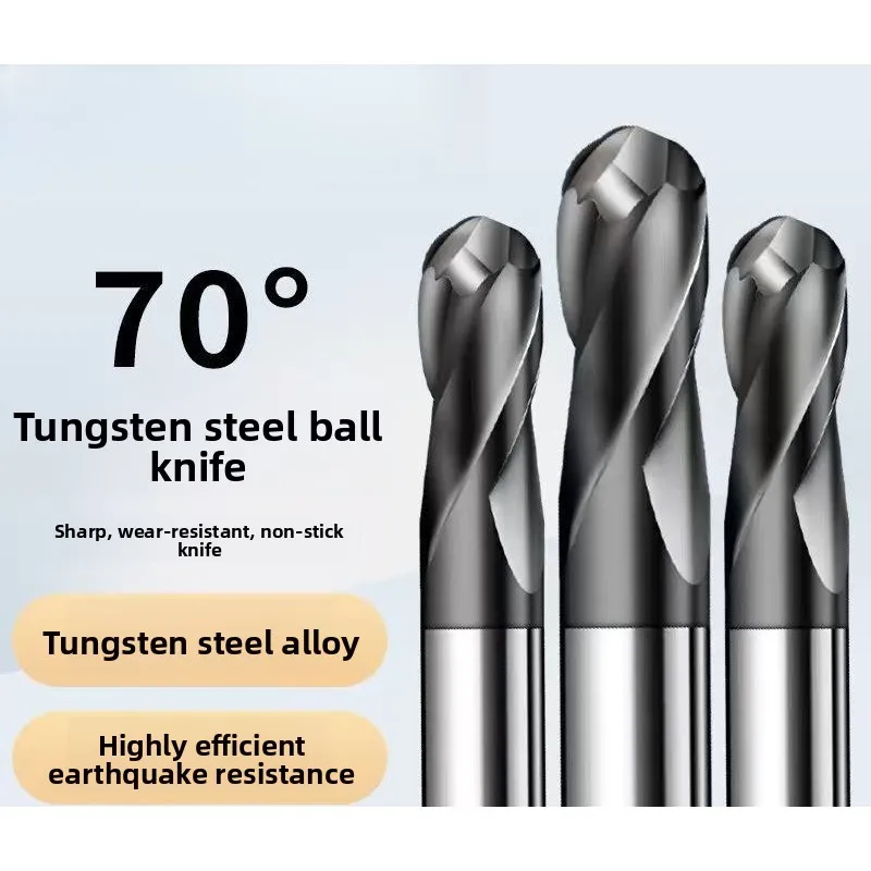 70° Tungsten Steel Ball End Mill, Coated Alloy Cutter for Soft & Quenched Hard Steel