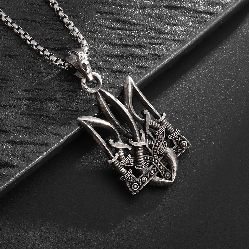 Retro Neptune Poseidon Trident Necklace Ukraine National Emblem Pendant Men\\\\\\'s Fashion Cool Trendy Jewelry Accessories