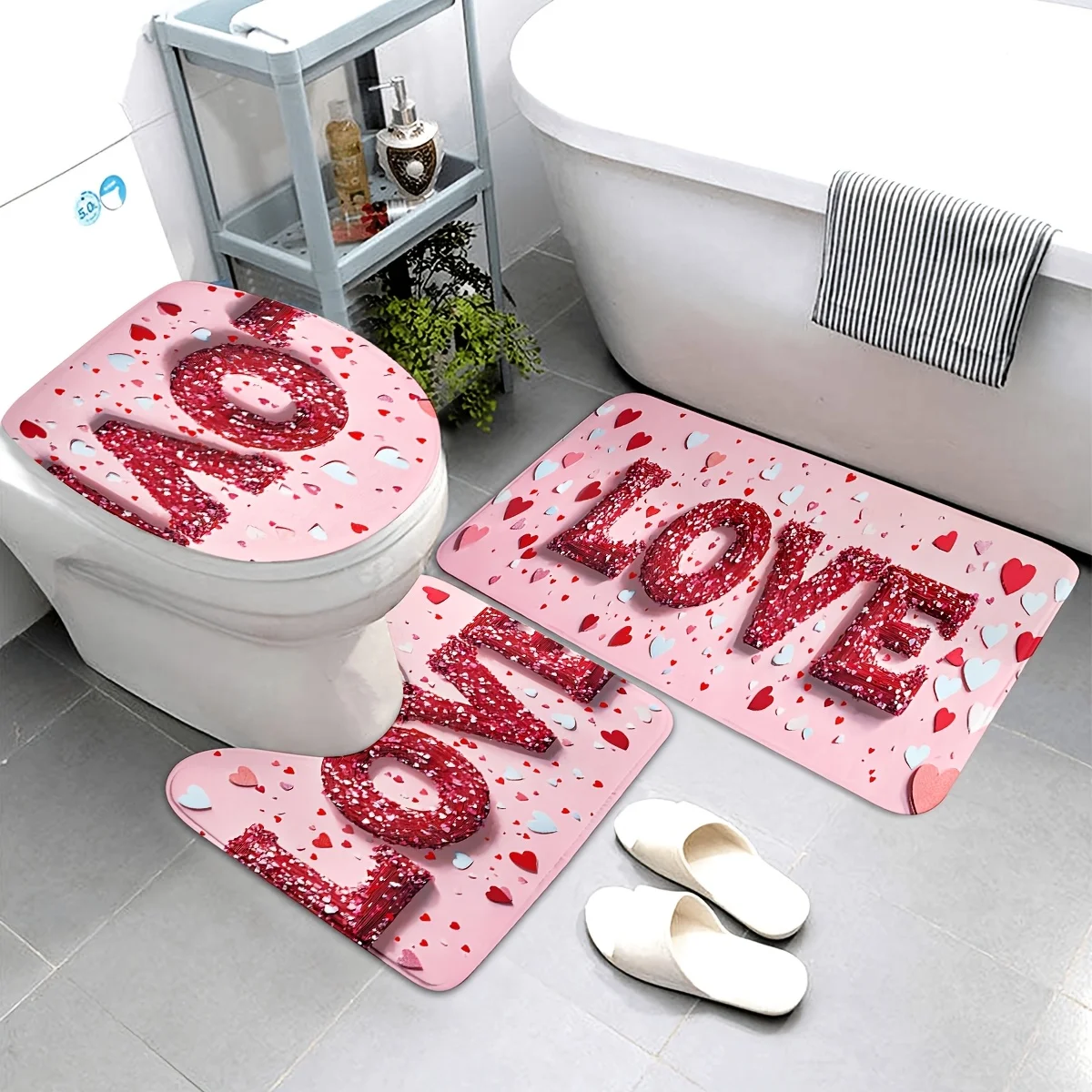 

3pcs Valentine'S Day Bathroom Mat Set - Non-Slip, Machine Washable, Knit Polyester Bath Rug, Contour Mat, and Toilet Lid Cover -