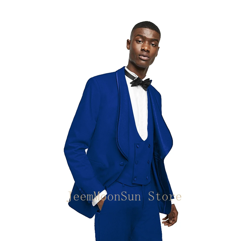 

2023 Royal Blue Wedding Suits For Men Slim Fit Shawl Lapel 3 Pieces Male Suits Groom Tuxedos Blazer+Vest+Pants Costume Homme