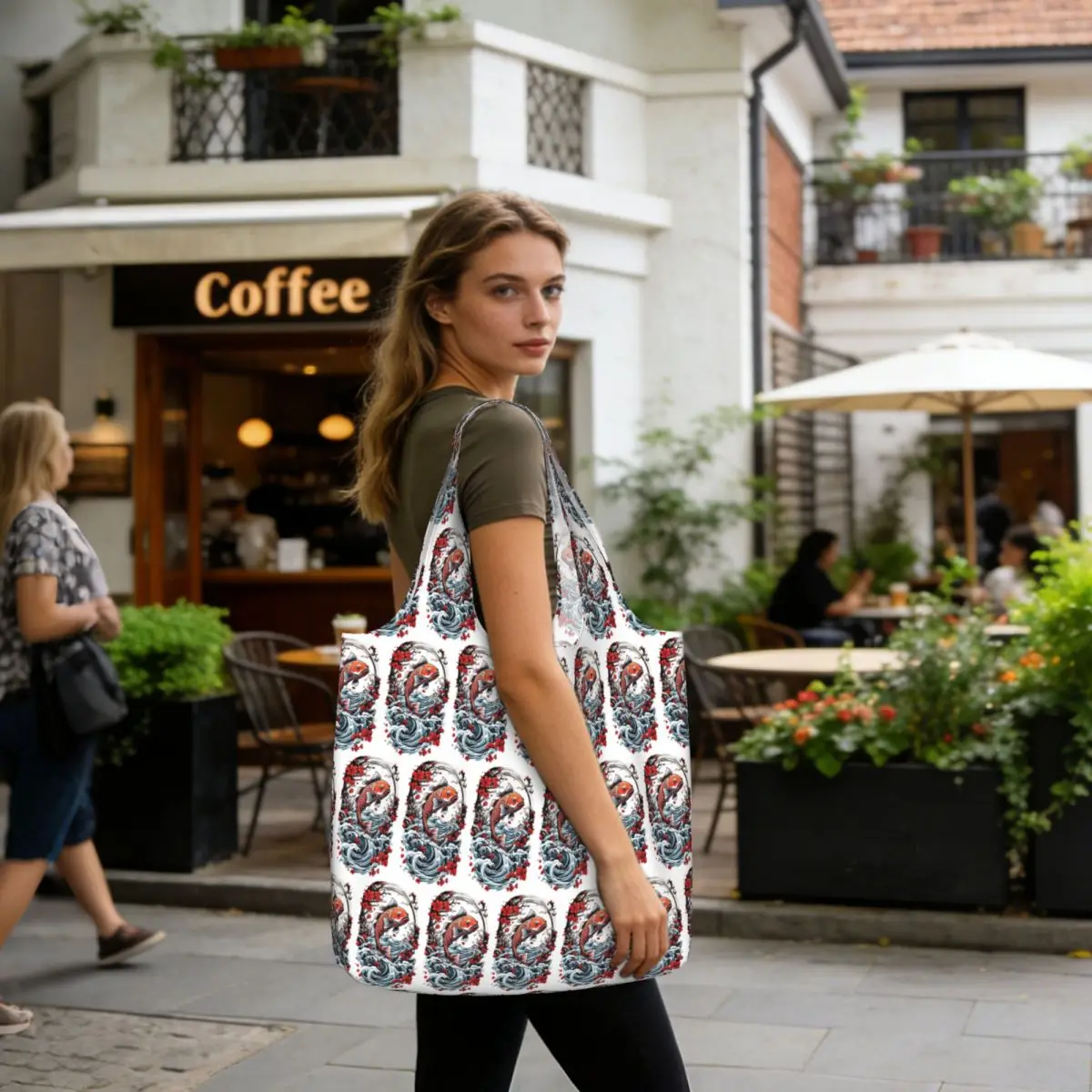 Japanese Koi Fishing Streetwear Style Shopping Tote Bag Canvas Large Capacity Shoulder Bags Shopper Grocery Handbag for Women