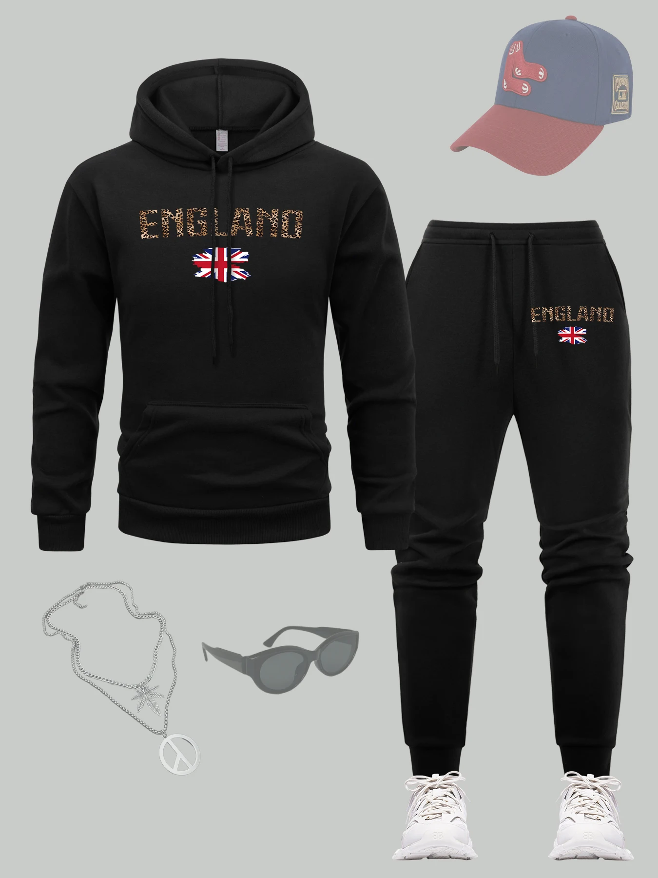 

England Creative Flag Letter Print Hoodie Set Men Loose Hip Hop Sweatpant All-Match Fleece Sportswear Casual Clothing Sets