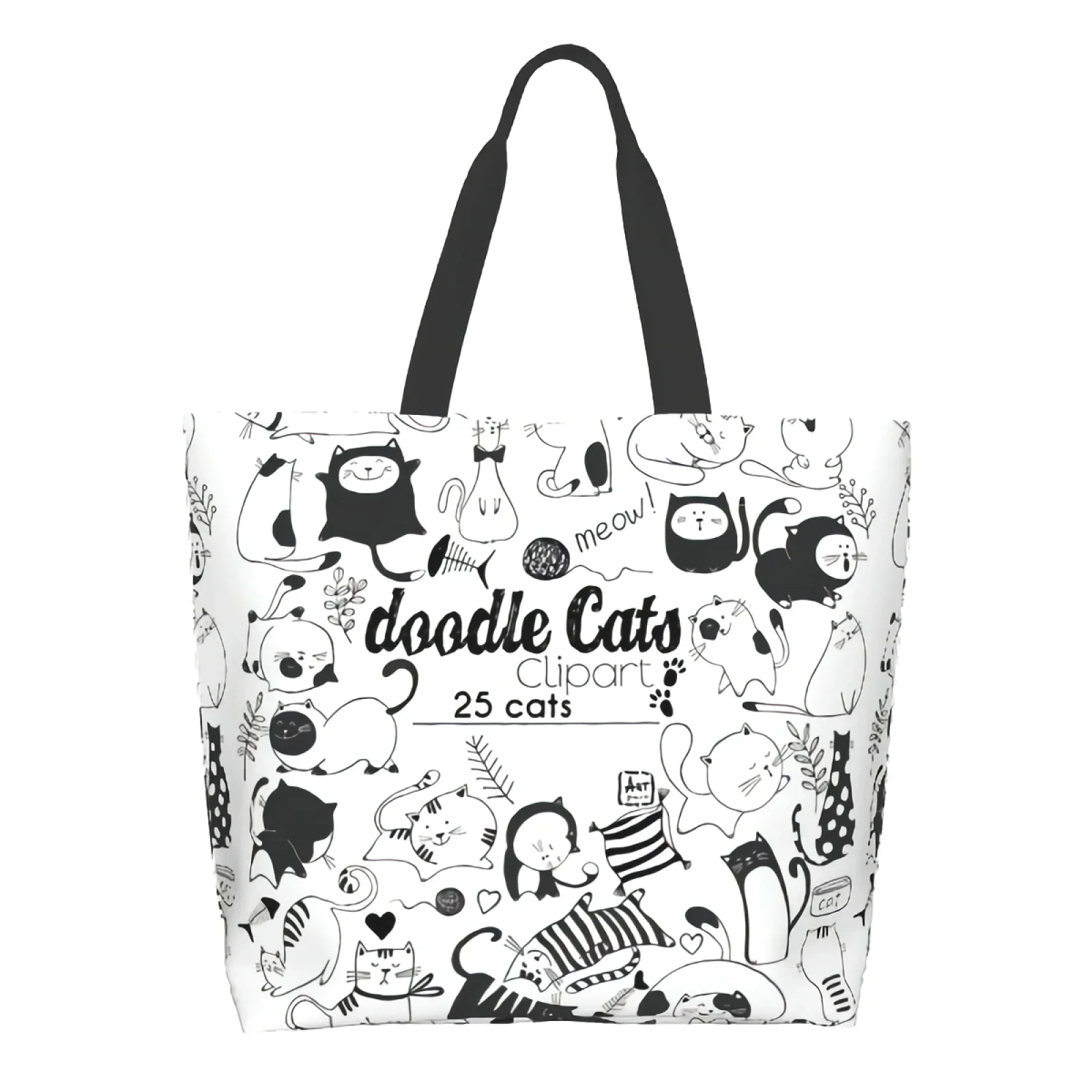 Black White 25 Cats Doodle Cartoon Kitten Pussy Clipart Meow Canvas Tote Bag for Women Weekend Kitchen Reusable Grocery 