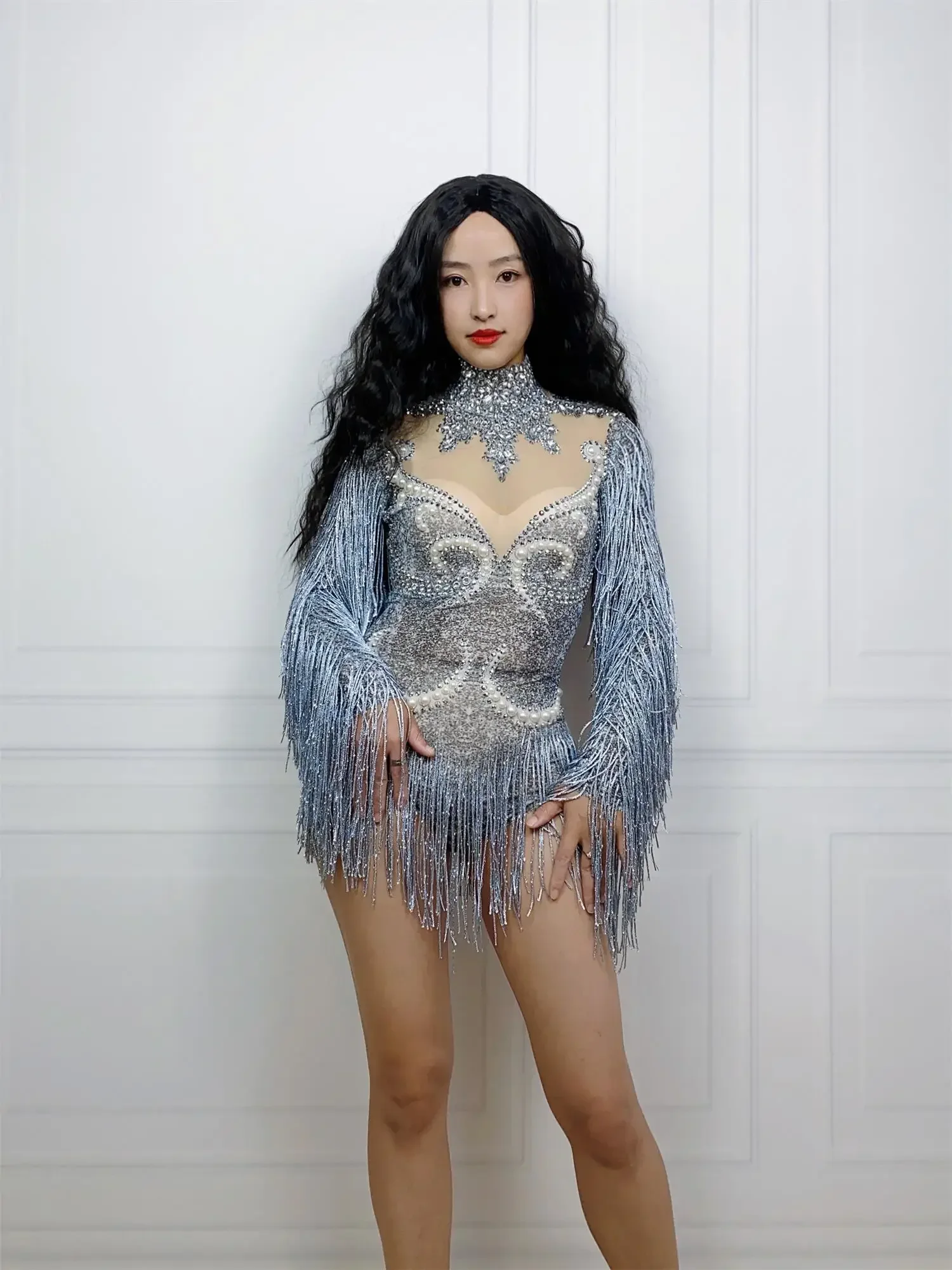 Fashion Gray Tassel Sparkling Crystals Bodysuit Women Sexy Singer Dancer Stage Wear Costume Nightclub Clothed Party Girl Leotard