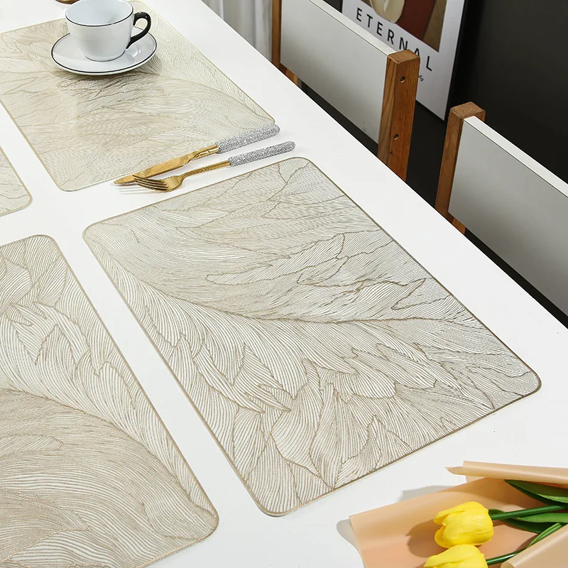 6/4pcs Feather Placemats PVC Hot Stamping Cup Mat Dining Table Decor Mat Rectangular Anti Scalding Coffee Table Mat Coasters