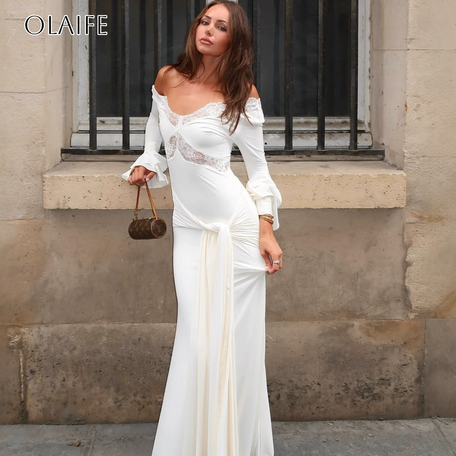 Gezwollen lange mouwen schede V-hals galajurk chiffon vloerlengte geplooid feestkleding op maat vestidos de festa