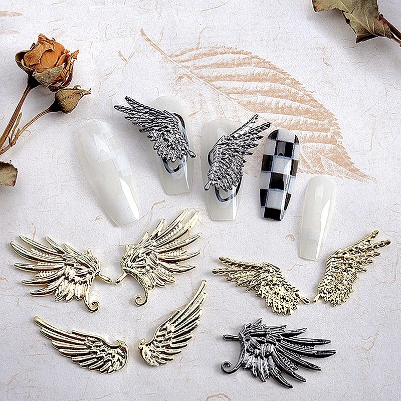 5 คู่โลหะผสม Feather Nail Art Charms ปีกอุปกรณ์เสริมขนาดใหญ่เล็บอุปกรณ์ตกแต่งวัสดุตกแต่งเล็บเครื่องมือ