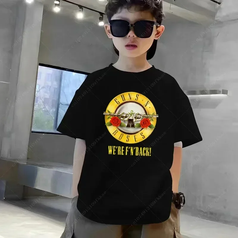 Size3T-14T Kids Rock Band Gun N Roses Print T Shirt Children Summer White Tops Boys and Girls Fashion Casual Child T-shirt Tops