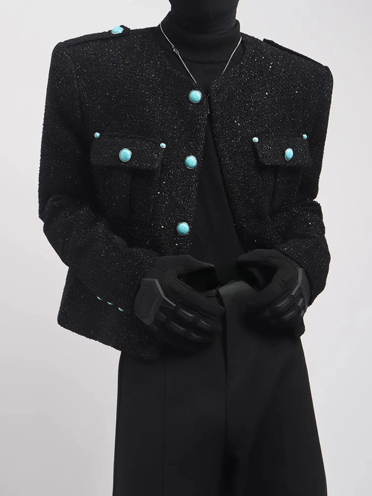 Men's 2025 Spring Autumn Small Fragrant Coats Fashion Coats Shoulder Pad Sequin Design Men's Versatile Short Solid Color Jacket