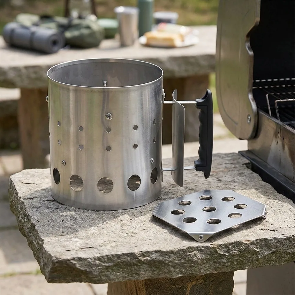 BBQ Charcoal Bucket and Grate Kit Stainless Steel 31 x 22 x 20 cm + 18 x 18 cm for Outdoor Grilling and Travel Setup