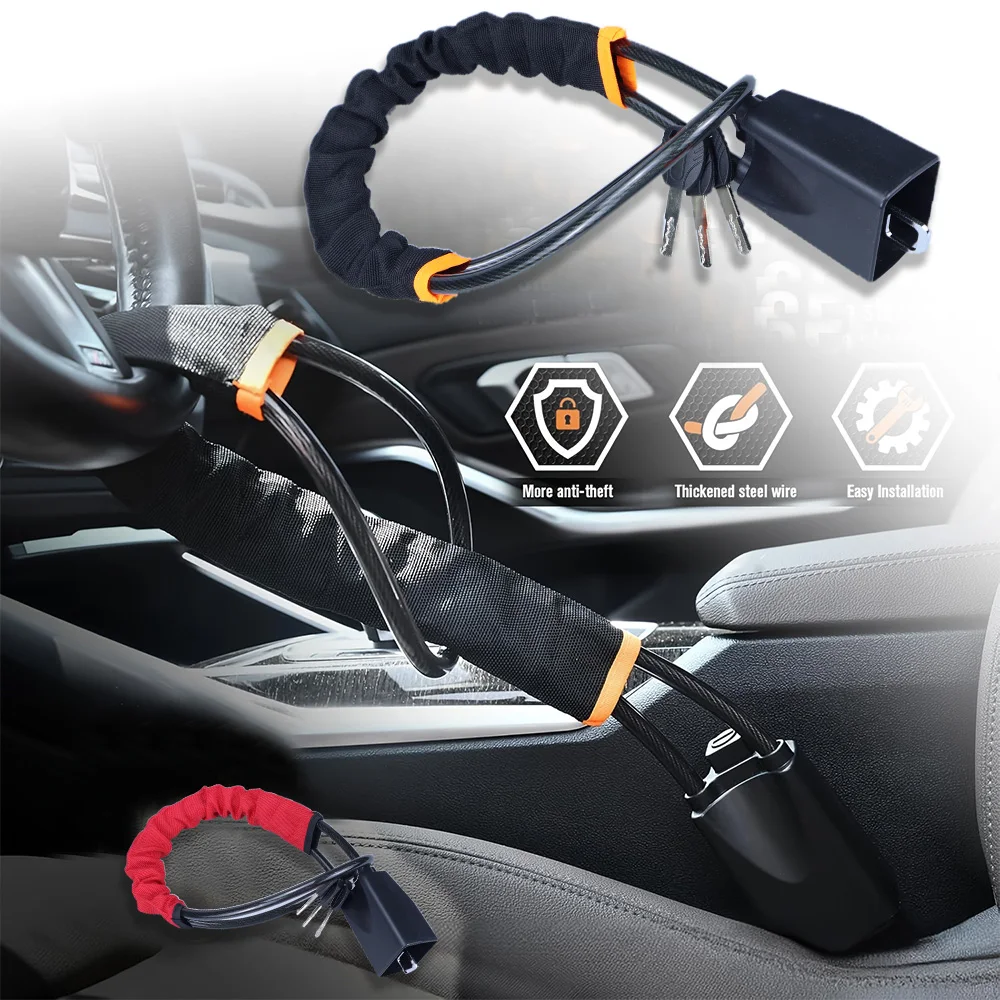 Steel Steering Wheel Lock Anti-Theft Device with Cut-Resistant Retractable Bold Cable Seatbelt Fastener for Car & SUV Security