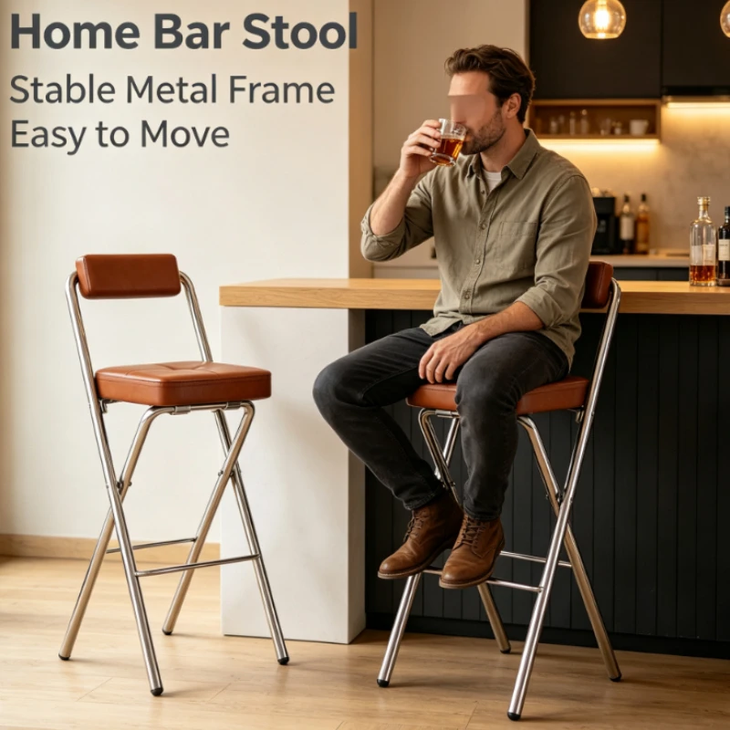 Folding Bar Stool With Leather Seat And Backrest Chrome Metal Frame Brown Finish For Kitchen Island Counter Dining Room Use