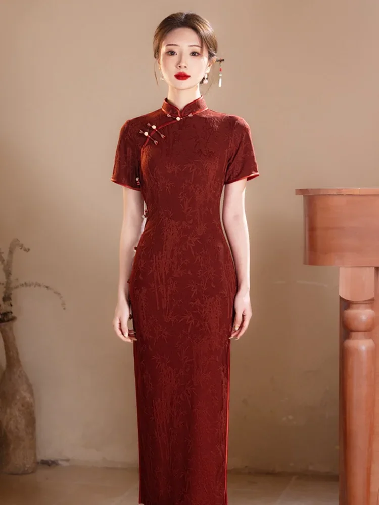 

Улучшенное Cheongsam 2024, новый стиль, женское китайское ретро-стиль для похудения, весенне-осеннее платье Ципао с длинными рукавами