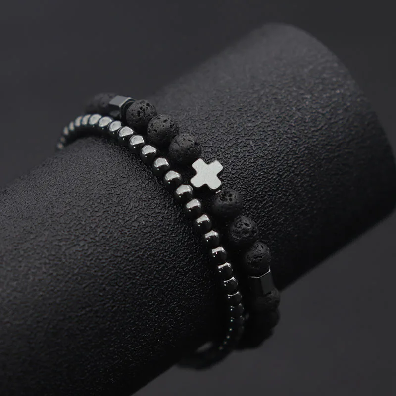 2pcs Men Bracelet Set Hematite Cross Braslet For Hombre Natural Lava Tiger Eyes Stone Braclet Homme Beaded Brazalete Pulseira