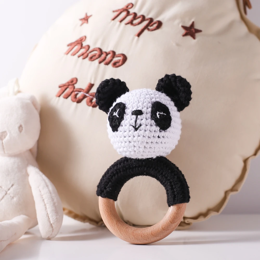 Let's Make Häkeln Tier Panda Rassel Spielzeug Schnuller Armband Holz Beißring Ring Baby Produkt Mobile Kinderwagen Krippe Holz Spielzeug Geschenke