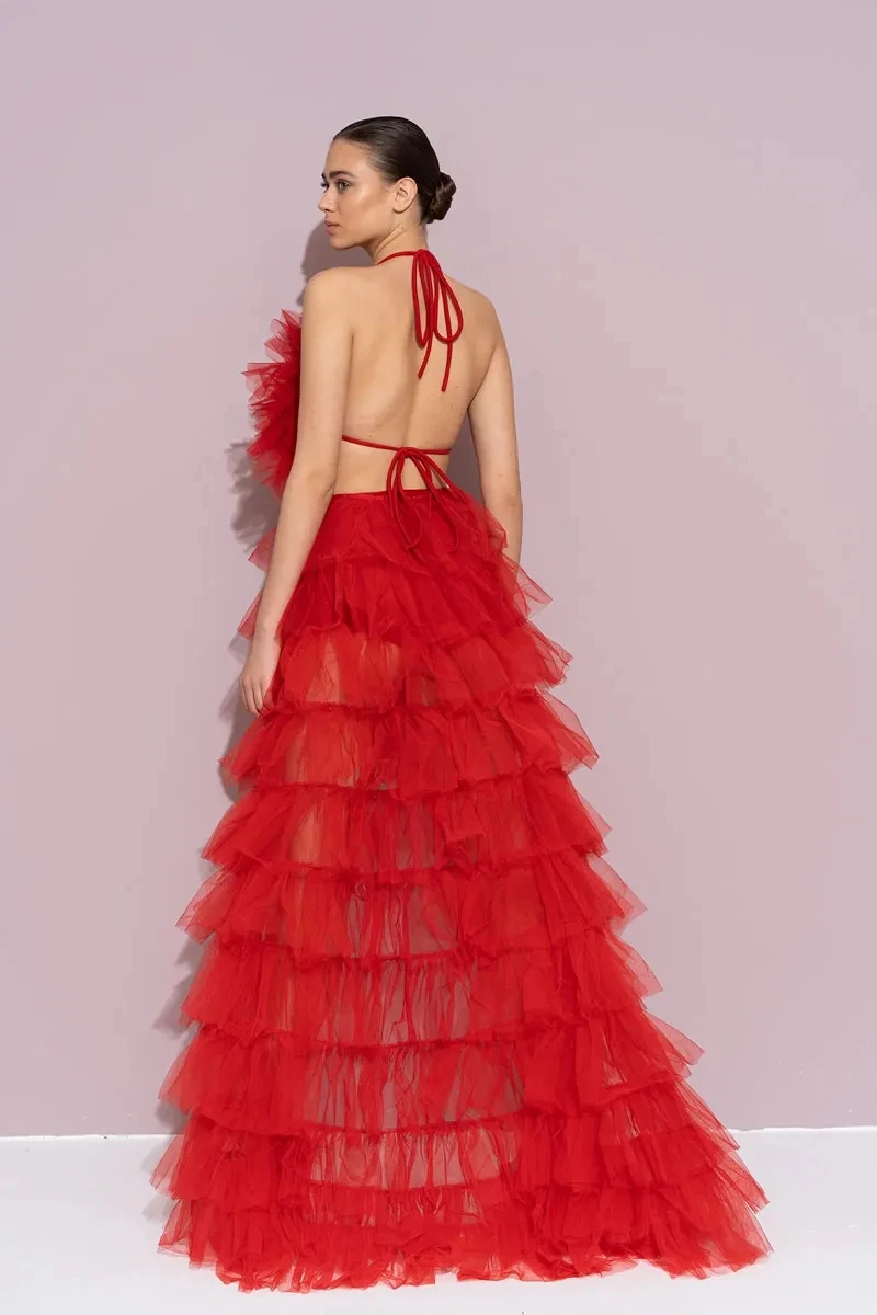 Chic 2 Pieces Layered Long Dress Backless Red Maxi Prom Gown Halter Off the Shoulder A Line Party Dresses Ruffled New Fashion