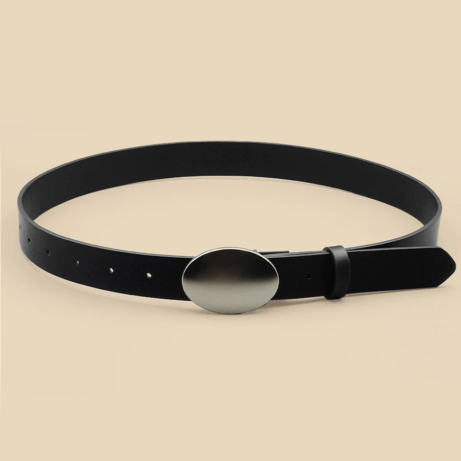 

Oval Smooth Metal Buckle Belt, Black Casual Minimalist Belt, Classic Decorative Belt
