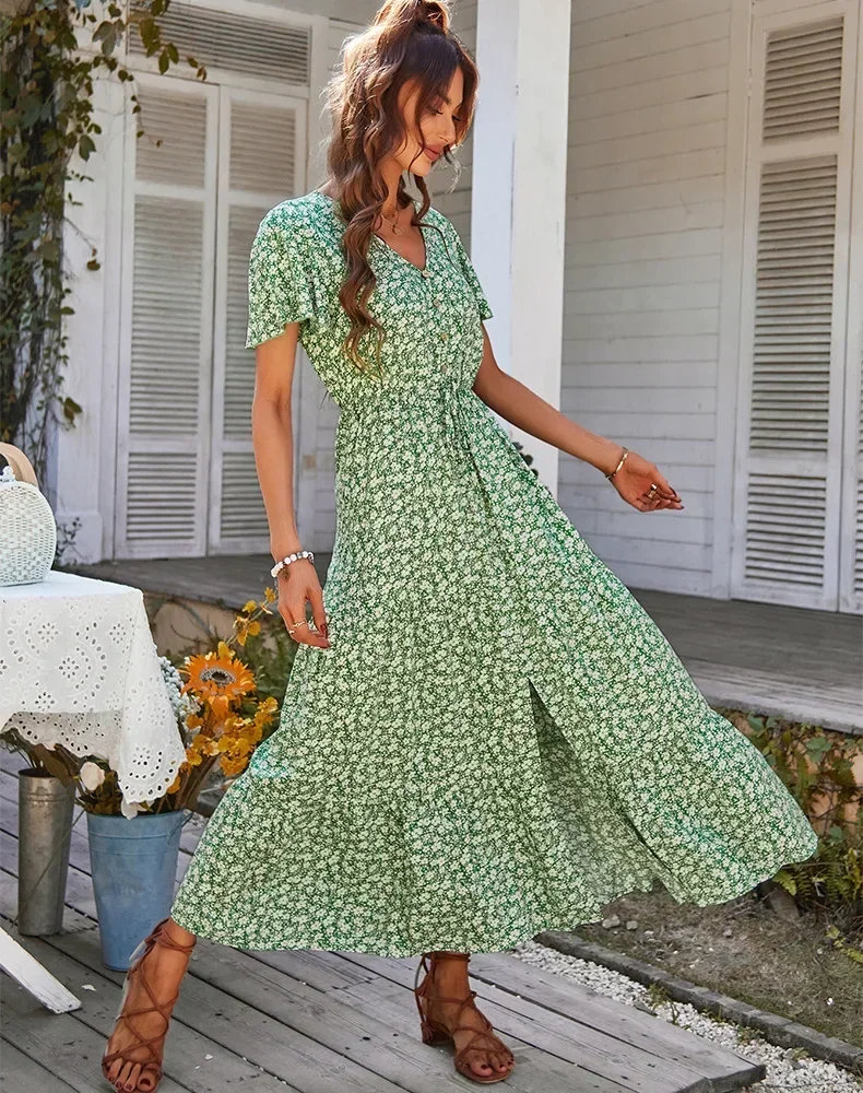 Abiti floreali Vintage per le donne elegante allentato nuovo vestito a fessura estate vacanza al mare per il tempo libero abiti lunghi stampa a vita alta Vestido