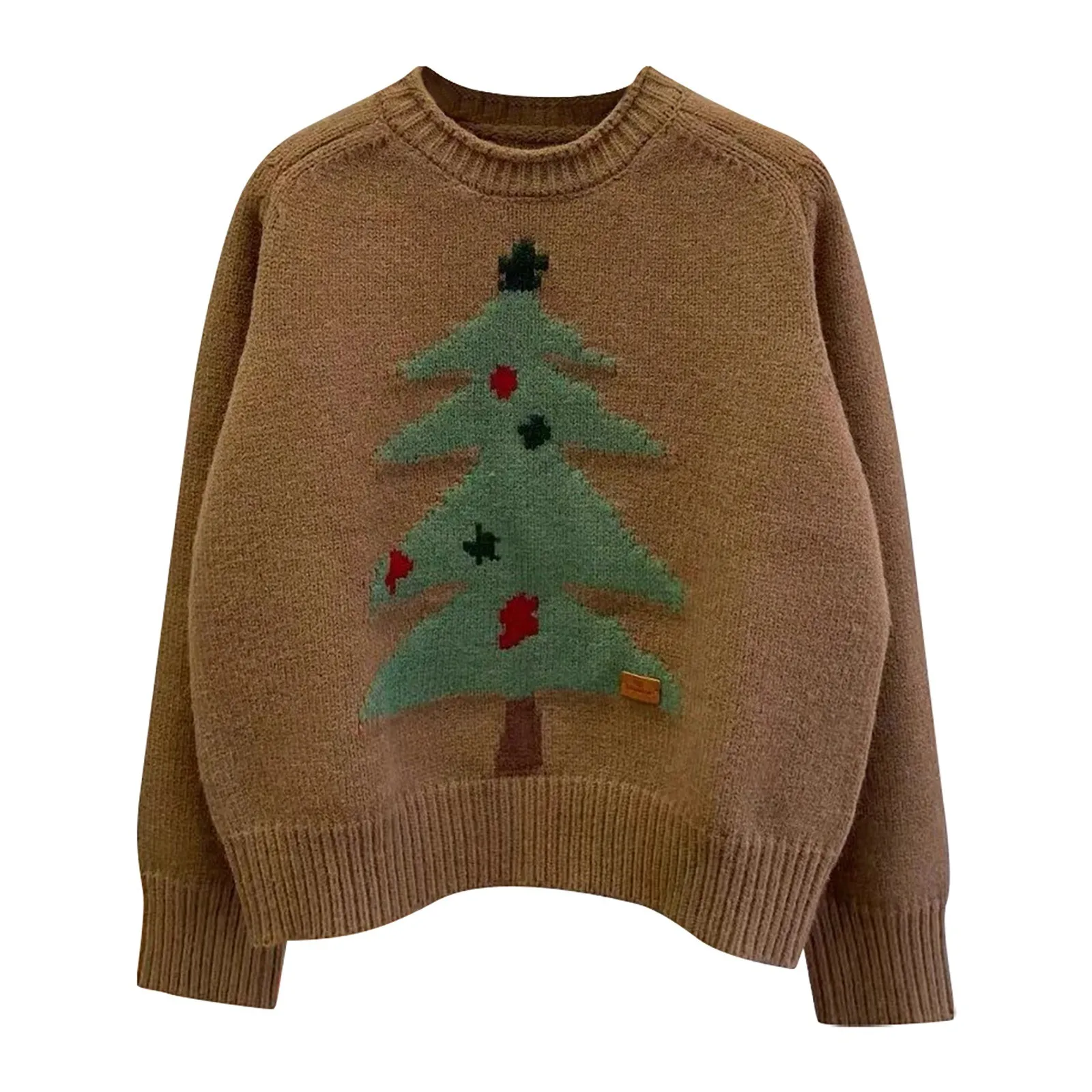 Christmas Tree Print Crew Neck Knit Sweater Fall Winter Casual Long Sleeve Pullover Graphic Loose Young Sweater Tops Women