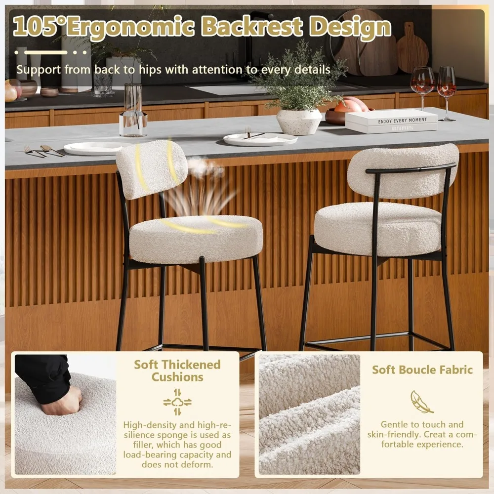 Bar Stools , 24 Inches Boucle Barstools Counter Height Barstool with Curved Back Metal Legs, Modern Upholstered Barstools