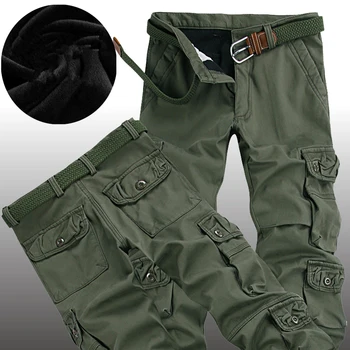 Zimowe grube ciepłe spodnie Cargo Mężczyźni Casual Fleece Pocket Fur Długie spodnie Męskie szczotkowane luźne spodnie Jogger Worker Plus Size 40