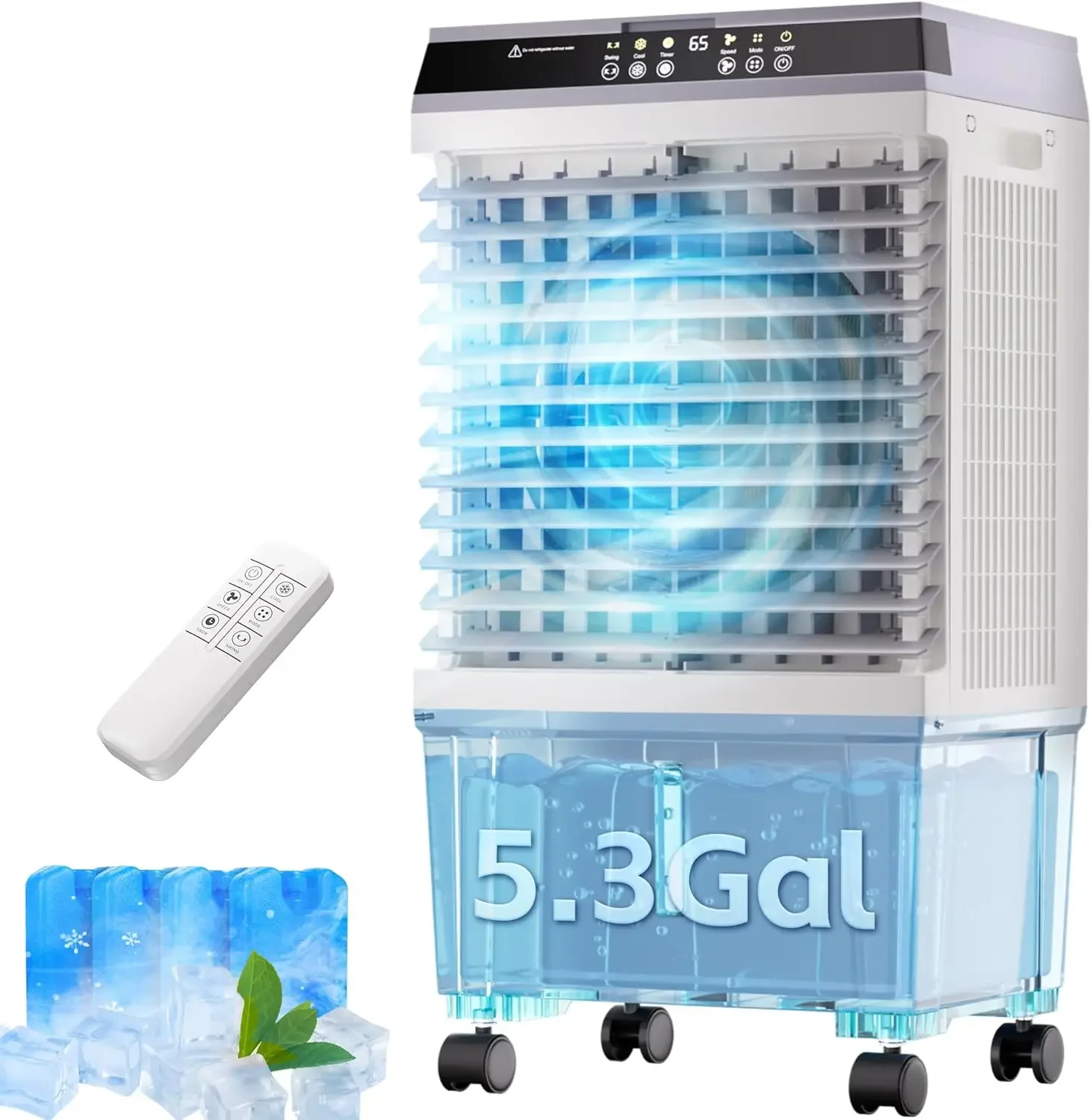 Refrigerador de ar evaporativo 3 em 1 com novo motor de cobre atualizado de 2025, tanque de água de 5,3 galões, 4 embalagens de gelo, temporizador 12H