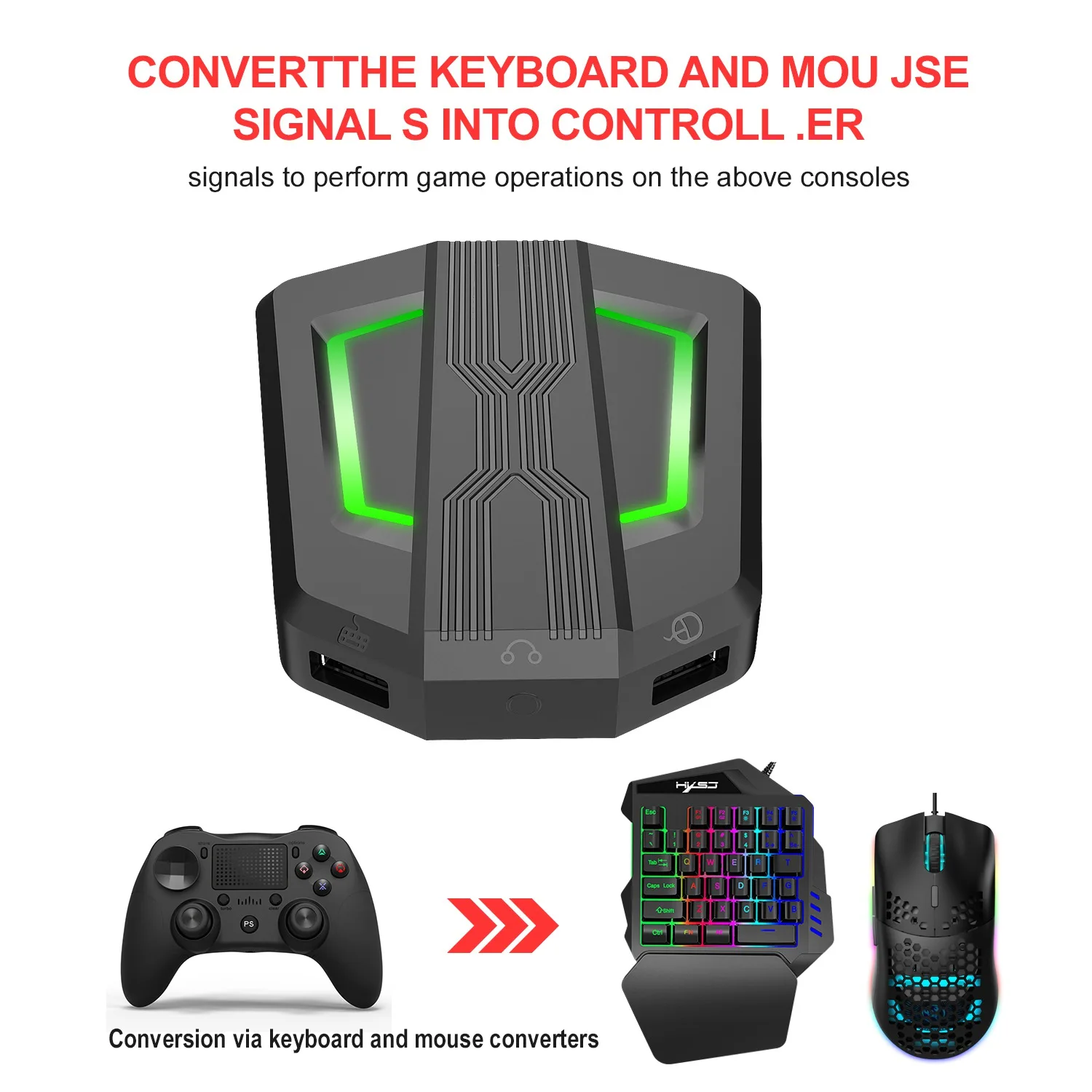 HXSJ 3 in 1 One-Handed RGB Keyboard Gaming Mouse with Converter Adapter Combo for Xbox One PS4 PS3 Switch Phone PUBG Games