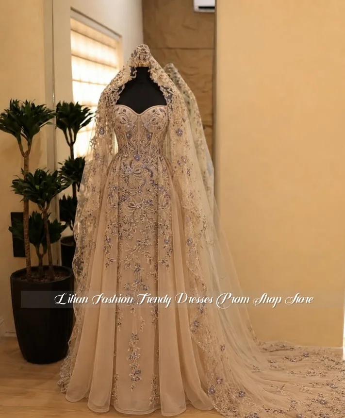 Custom Champagne Arabic Bridal Gown Heart-Shaped Neckline A-Line Skirt Lace Appliqué Henna Night Wedding Reception Evening Gown