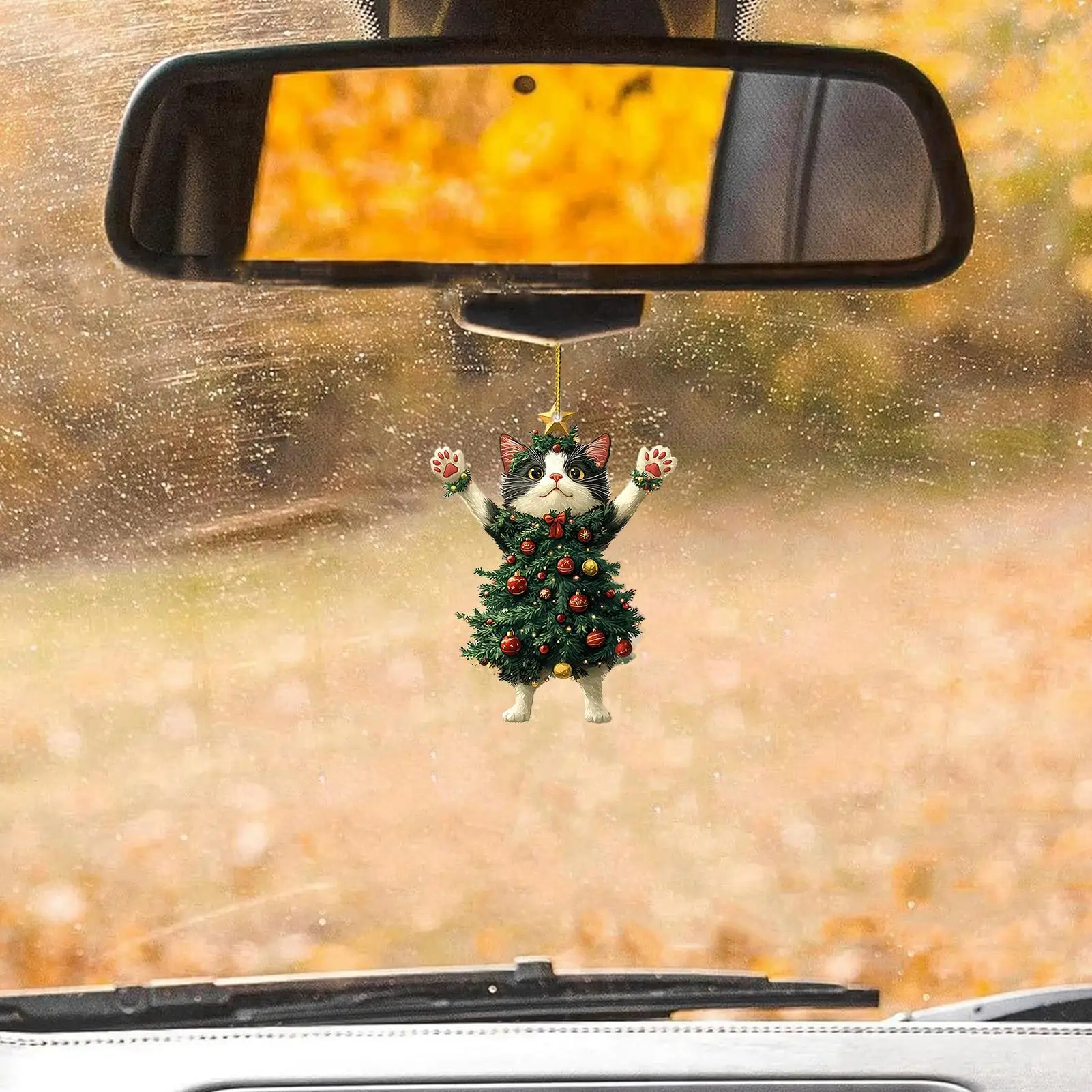 Cat Christmas Tree Ornaments Flat Acrylic Holiday Tree Costume Kitten Pendant Car Rearview Pendant Decoration Car and Bag Cat