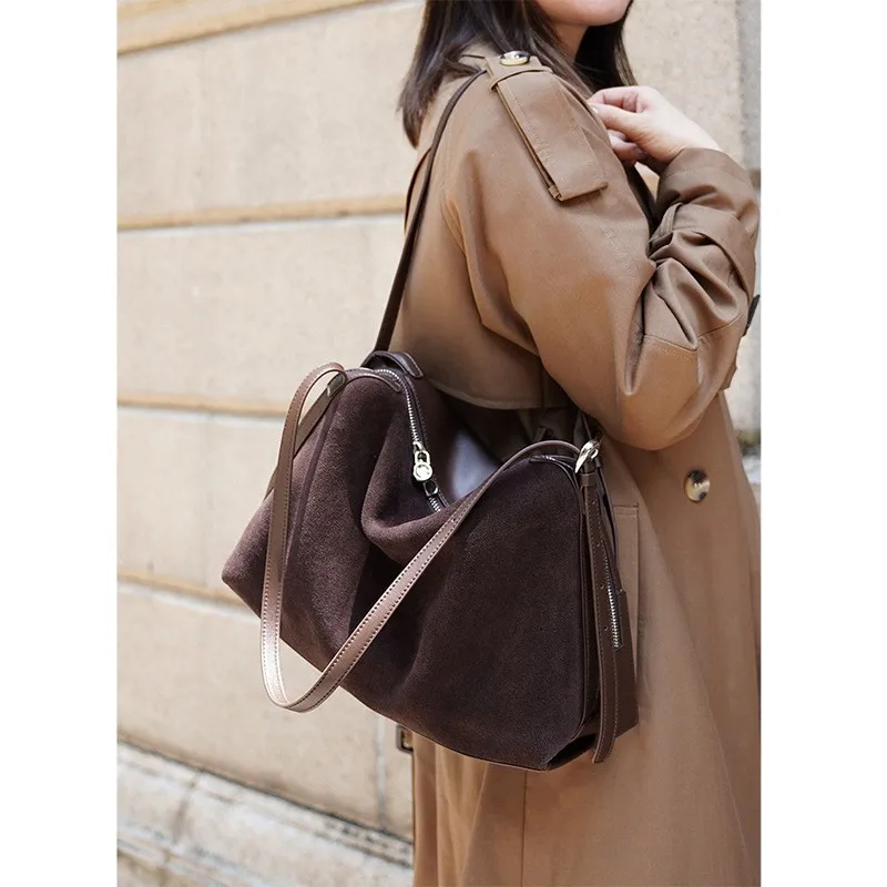 Autumn/Winter Suede Leather Tote Bag For Women Premium Texture Retro Commuter Handbag Hobo-style Genuine Leather Shoulder Bag