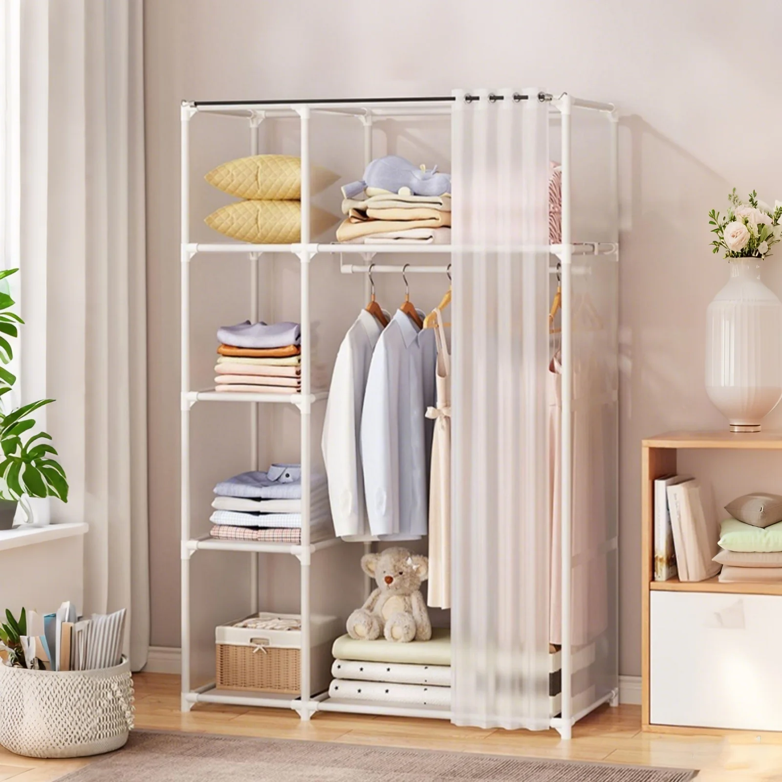 

Dustproof Bedroom Wardrobe Storage Rack Cloth Closet Organizers Cabinet Large Capacity Heavy Duty Simple Assembly Hanger Shelves