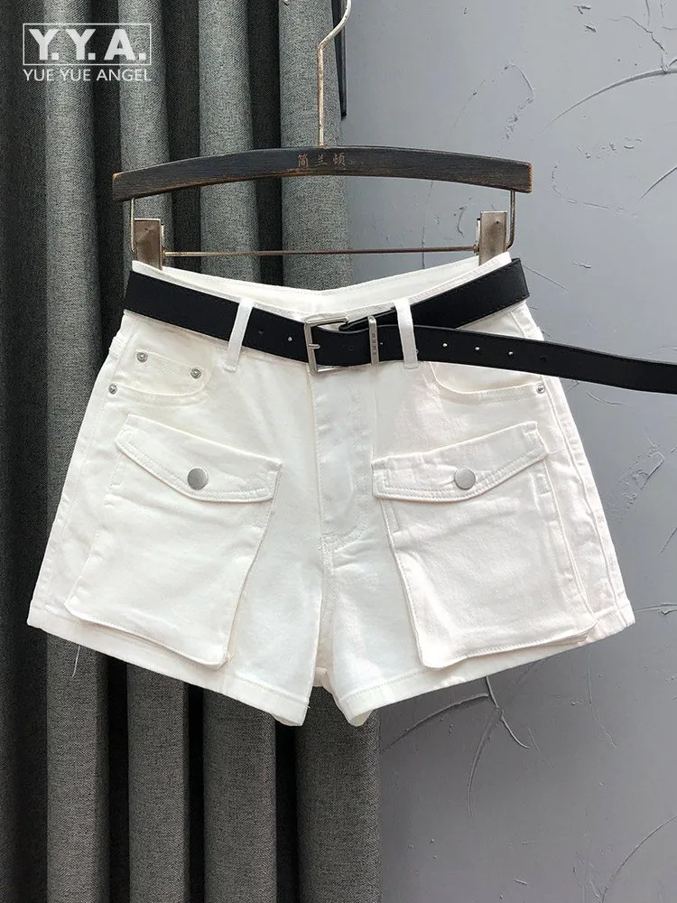 

Fashion Summer Women Beige White High Street Sexy Denim Multi Pockets Shorts High Waist Cargo Shorts Casual Female Mini Trousers